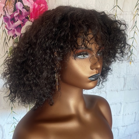 💕 12” HUMAN HAIR SHORT Curly Wig With Bangs FULL CAP WITH BAND & lace top *NEW* - Picture 3 of 17